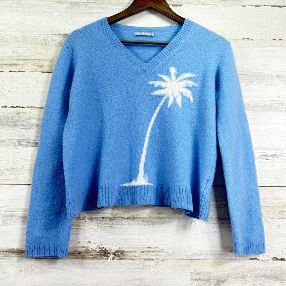 ALASHAN 100% Cashmere Blue Palm‎ Tree V Neck Sweater Womens Size M